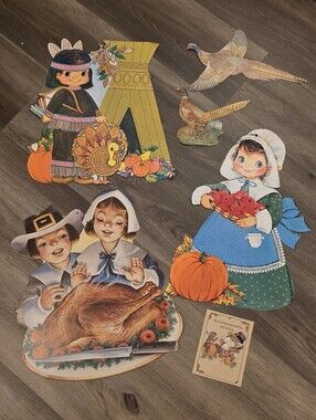 Vintage Thanksgiving Die Cuts Lot Retro Pilgrim Turkey Cardboard Fall Decor 8pc